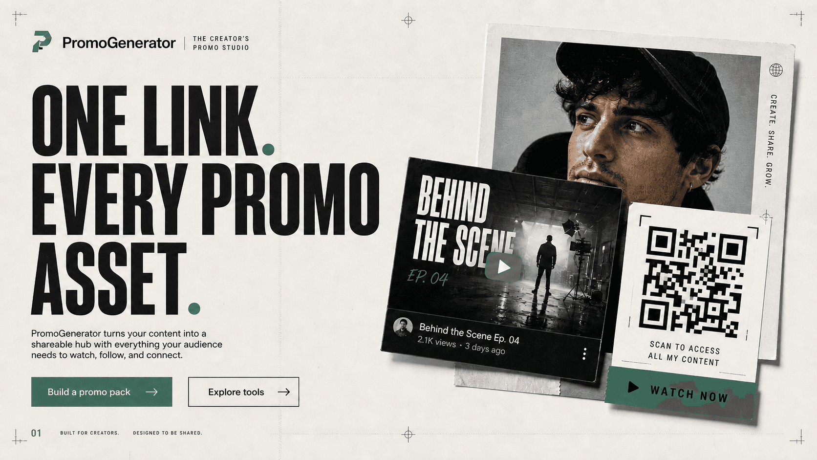 A creator promotion package with portrait, video thumbnail, and QR code